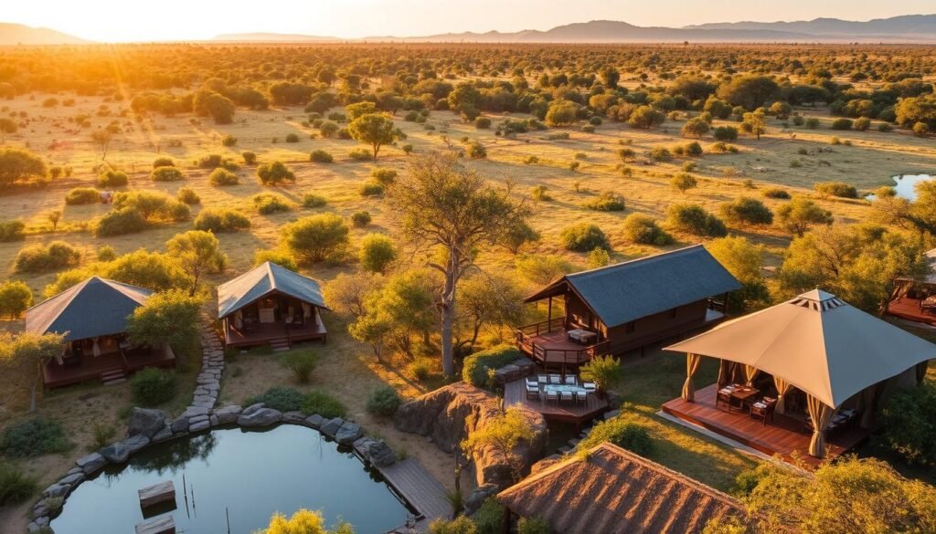 Safari lodge overlooking an African wildlife reserve