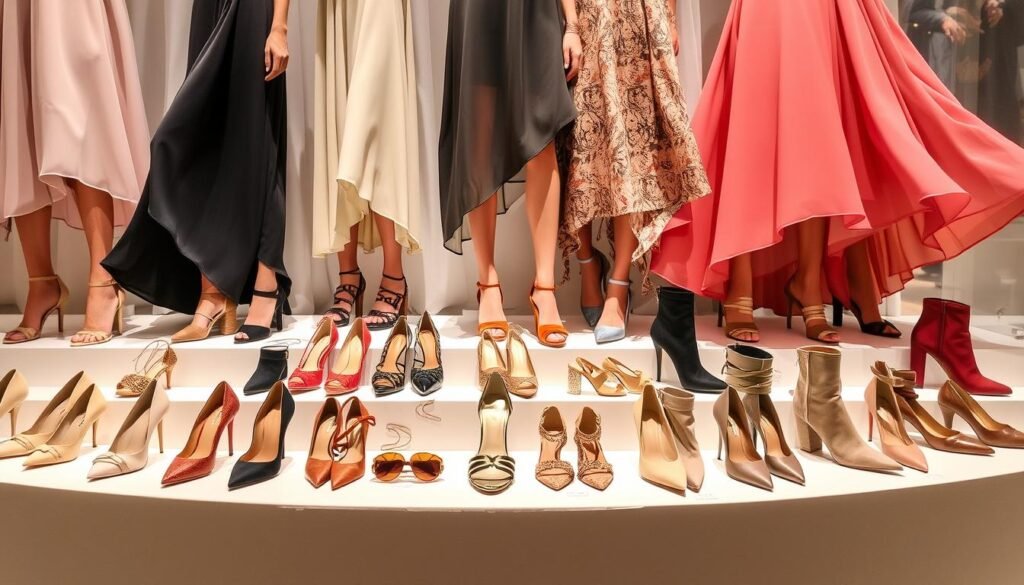 Different shoes styled with dresses for UK occasions