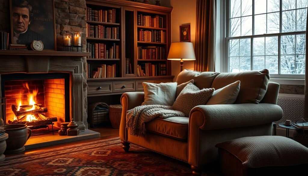 Cosy living room with warm lighting, layered textures and decor