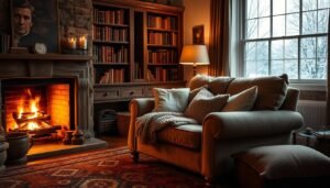 Cosy living room with warm lighting, layered textures and decor