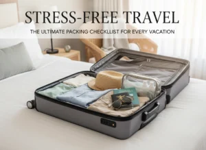 Open suitcase arranged with holiday packing essentials