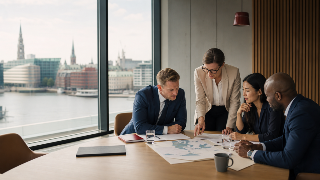 International business team planning expansion into Denmark in a Copenhagen office